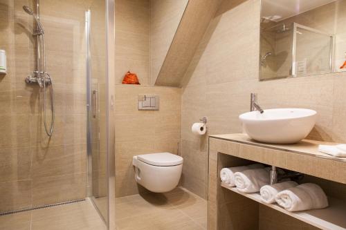 a bathroom with a shower and a toilet and a sink at Penzion Na Valech Hodonín in Hodonín