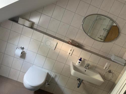 a bathroom with a toilet and a sink and a mirror at Wein- und Sektgut Markus Hensler in Briedel