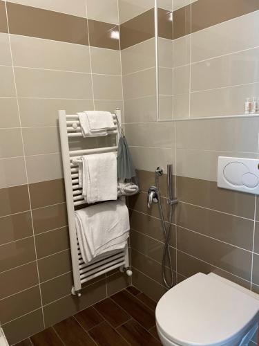 a bathroom with a towel rack next to a toilet at Hotel Franca in Milano Marittima