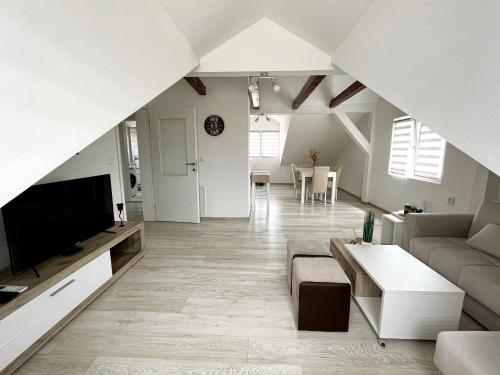 ヴィシェグラードにあるApartment The Loftのソファとテレビのあるリビングルーム