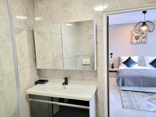 Hotel De Dampoort في ميدلبورغ: حمام مع حوض وسرير ومرآة
