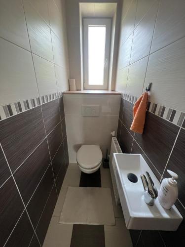 a bathroom with a toilet and a sink at Elegantný Byt v Srdci Mesta in Trenčín