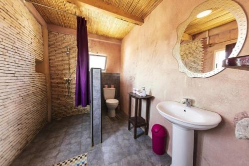 a bathroom with a sink and a toilet and a mirror at Chez Peter Pan Anakao in Anakao
