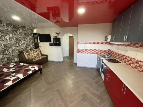 ヴィーンヌィツャにあるStudio apartment on Vatutinaのキッチン、リビングルーム(ソファ付)