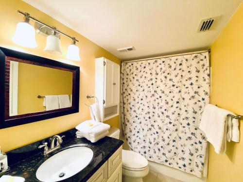 een badkamer met een wastafel, een toilet en een douche bij Edgewater West 53 by ALBVR - This Beachfront Condo is Perfect for your next Family Getaway in Gulf Shores