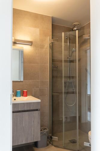 a bathroom with a glass shower and a sink at Logies Ternier in Nieuwpoort