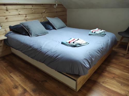 布里昂松Appartement vue montagne, cosy et chaleureux的一张大床，上面有两条毛巾