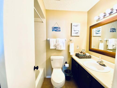 a bathroom with a toilet and a sink and a mirror at Sea Oats E202 by ALBVR - Pet Friendly Direct Lagoon Front Renovated 2BR, 2BA Condo, Outdoor Pools, Pier, and Dedicated Beach Access in Gulf Shores