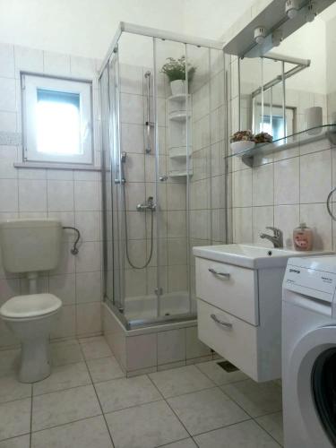 a bathroom with a shower and a toilet and a sink at Apartments Borovina in Bol
