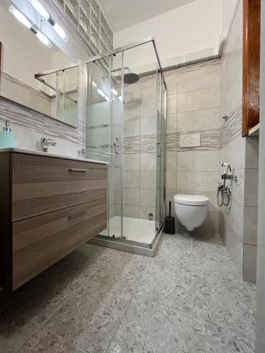 y baño con ducha de cristal y aseo. en Monte Cuccu Bed & Breakfast en Cerfignano