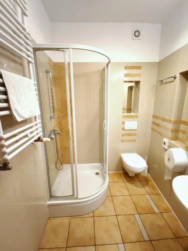 a bathroom with a shower and a toilet at Rezydencja 5 Dębów in Międzyzdroje