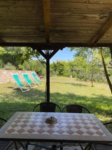 a table and chairs under a pavilion in a yard at Chiesa Ignano 1778 in Marzabotto