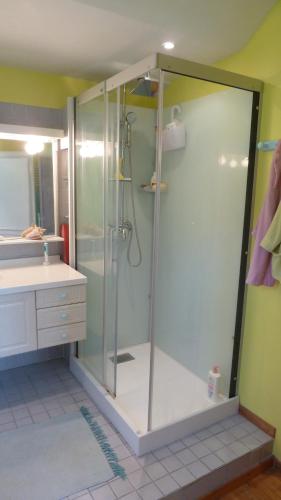 W łazience znajduje się szklana kabina prysznicowa i umywalka. w obiekcie Sauna dans Maison de maître proche Etretat -étage2 