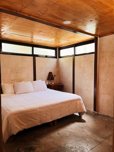 a bedroom with a bed in a room with windows at Xtambaa Cabins & Spa Only Adults in El Cuyo