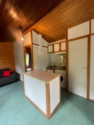 Cette chambre comprend une cuisine avec un comptoir et une porte. dans l'établissement Chalet au bord de l'étang, à Sérilhac