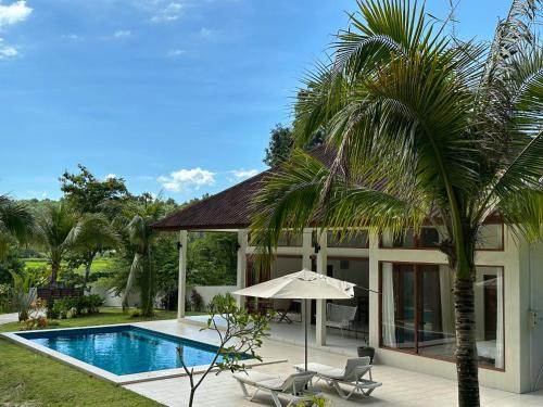 eine Villa mit einem Pool und einer Palme in der Unterkunft Villa Meranti - Spacious Private Pool Villa in Pantai Cenang