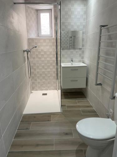 uma casa de banho com um chuveiro, um WC e um lavatório. em Maison de village à 15min de la mer em Boujan-sur-Libron