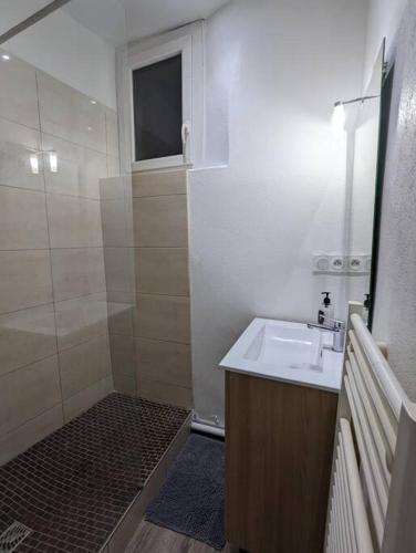 une petite salle de bain avec un lavabo et une douche dans l'établissement RDC Studio Agen Hyper Centre - Clim - Voltaire, à Agen