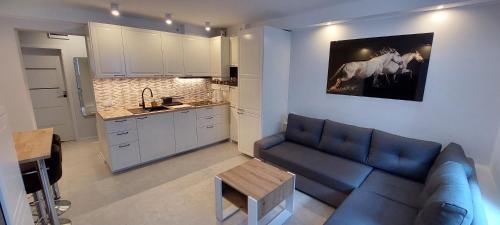uma sala de estar com um sofá azul e uma cozinha em Apartament Akcent em Sopot