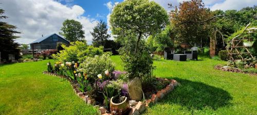a garden with a bunch of flowers in a yard at Pod Wierzbą Apartament na Kaszubach in Siemirowice