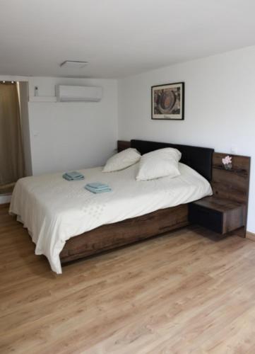 - une chambre avec un grand lit et du parquet dans l'établissement Maison d'hotes - chambre-kitchenette-salle de bain-espace extèrieur, à Nîmes