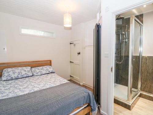 a bedroom with a bed and a walk in shower at Sweetholme in Caernarfon