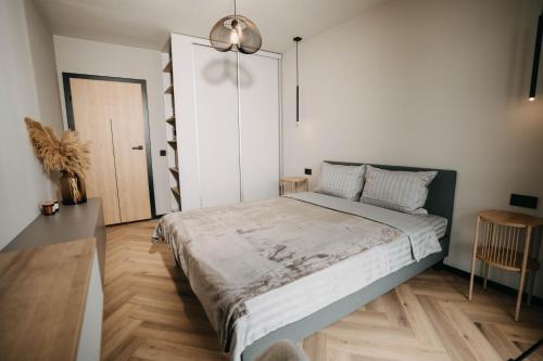 a bedroom with a large bed and a door at Arra Apartments in Cluj-Napoca
