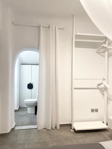 a white bathroom with a toilet and a sink at Panoramic Aegean Residence At Elia Beach Mykonos - Private & Exclusive in Elia Beach