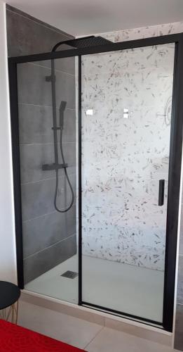 - une douche dans une chambre avec une porte en verre dans l'établissement Naturiste Cap d'Agde Héliopolis C 30, au Cap d'Agde