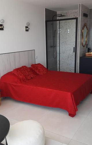 une chambre avec un lit rouge avec douche dans l'établissement Naturiste Cap d'Agde Héliopolis C 30, au Cap d'Agde