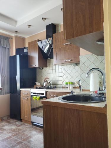 a kitchen with a sink and a stove top oven at Emi Apartament in Ogrodzieniec