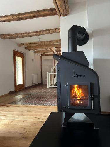 a stove in a living room with a fireplace at Am Schusterberg in Schielo