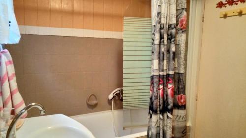 La salle de bains est pourvue d'un lavabo et d'un rideau de douche. dans l'établissement Gîte Le Jardin, à Geispolsheim