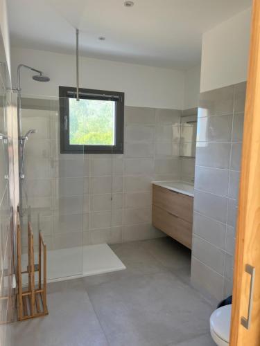 une salle de bain avec une douche et un lavabo et une fenêtre dans l'établissement Villa Cargese, à Cargèse