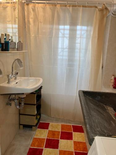 łazienka z umywalką i zasłoną prysznicową w obiekcie Dimitra's house at Karlovasi w mieście Neo Karlowasi
