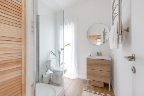 La salle de bains est pourvue d'une douche, de toilettes et d'un lavabo. dans l'établissement Pineplace twins NIDA, à Žaugėdai