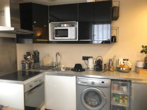 une cuisine avec un lave-linge et un micro-ondes dans l'établissement Appartement au pays du Mont-Blanc, à Sallanches