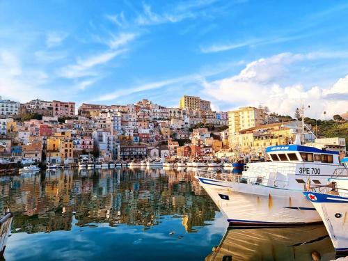 um grupo de barcos ancorados num porto com edifícios em Giulietta Normanna em Sciacca