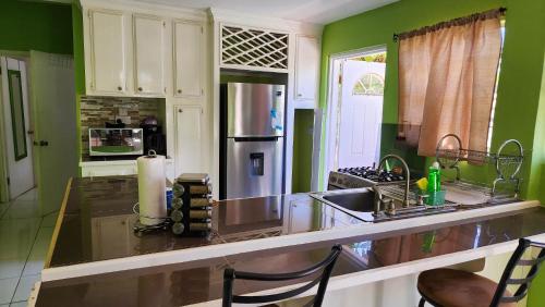 a kitchen with green walls and a stainless steel refrigerator at Caribbean Dream Vacation Property CD2 in Rodney Bay Village