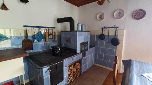 a kitchen with a stove with blue tiles at Rodinná chalupa in Zdíkov