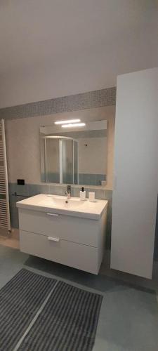 a bathroom with a white sink and a mirror at TENUTA FERRARI in Cortile
