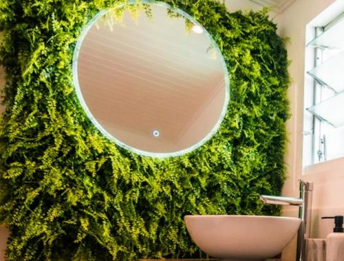 a bathroom with a green wall with a mirror at Lilie location langevin in Saint-Joseph