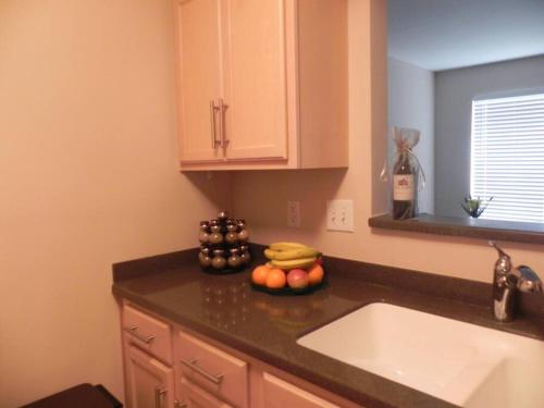 納許維爾的住宿－Captain's Quarters Riverfront #1，厨房柜台设有水槽和一碗水果