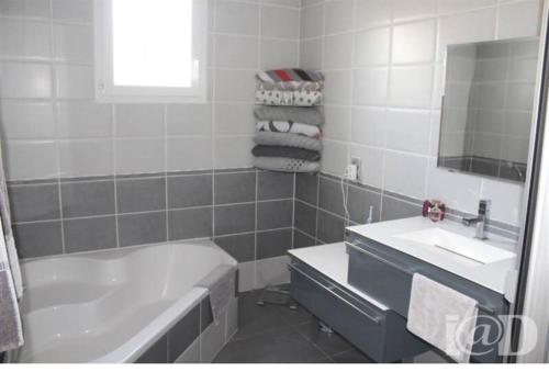 ein Badezimmer mit einer Badewanne, einem Waschbecken und einem Spiegel in der Unterkunft Villa Leprevost in Béziers