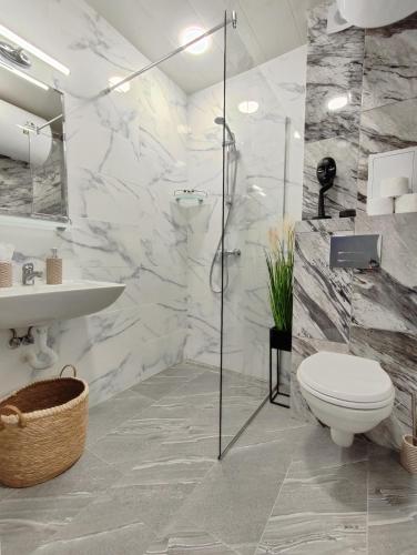a bathroom with a shower and a toilet and a sink at Аpartment Bella Vista in Obzor