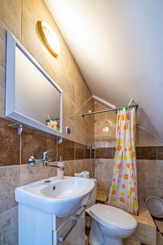 a bathroom with a sink and a toilet and a mirror at Pod Jedynkami in Władysławowo