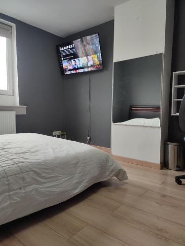 a bedroom with a bed and a tv on the wall at Chambre privé dans une maison avec terrasse et jardin salles de bain partagées in Lille