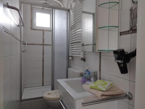 a bathroom with a sink and a shower and a toilet at Ferienwohnung mit Meerblick in Dahme