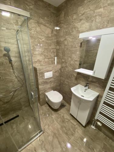 uma casa de banho com um chuveiro, um WC e um lavatório. em Happy Apartment em Prijedor