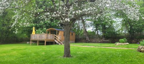 a cabin in a yard with a tree at Roulotte Escapade nature à Morainville in Morainville-Jouveaux